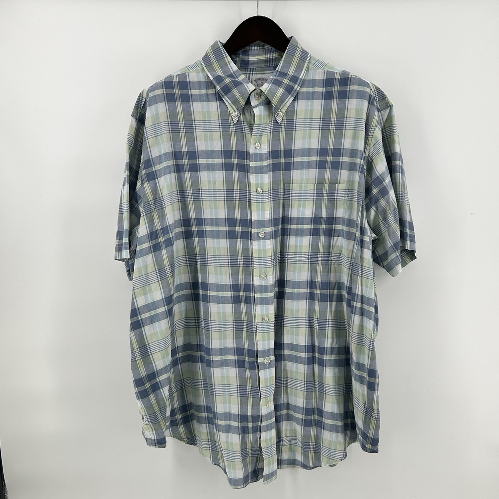 Brooks Brothers 1818 Regent Shirt Mens 2XL Blue Yellow Plaid S/S Coastal Preppy